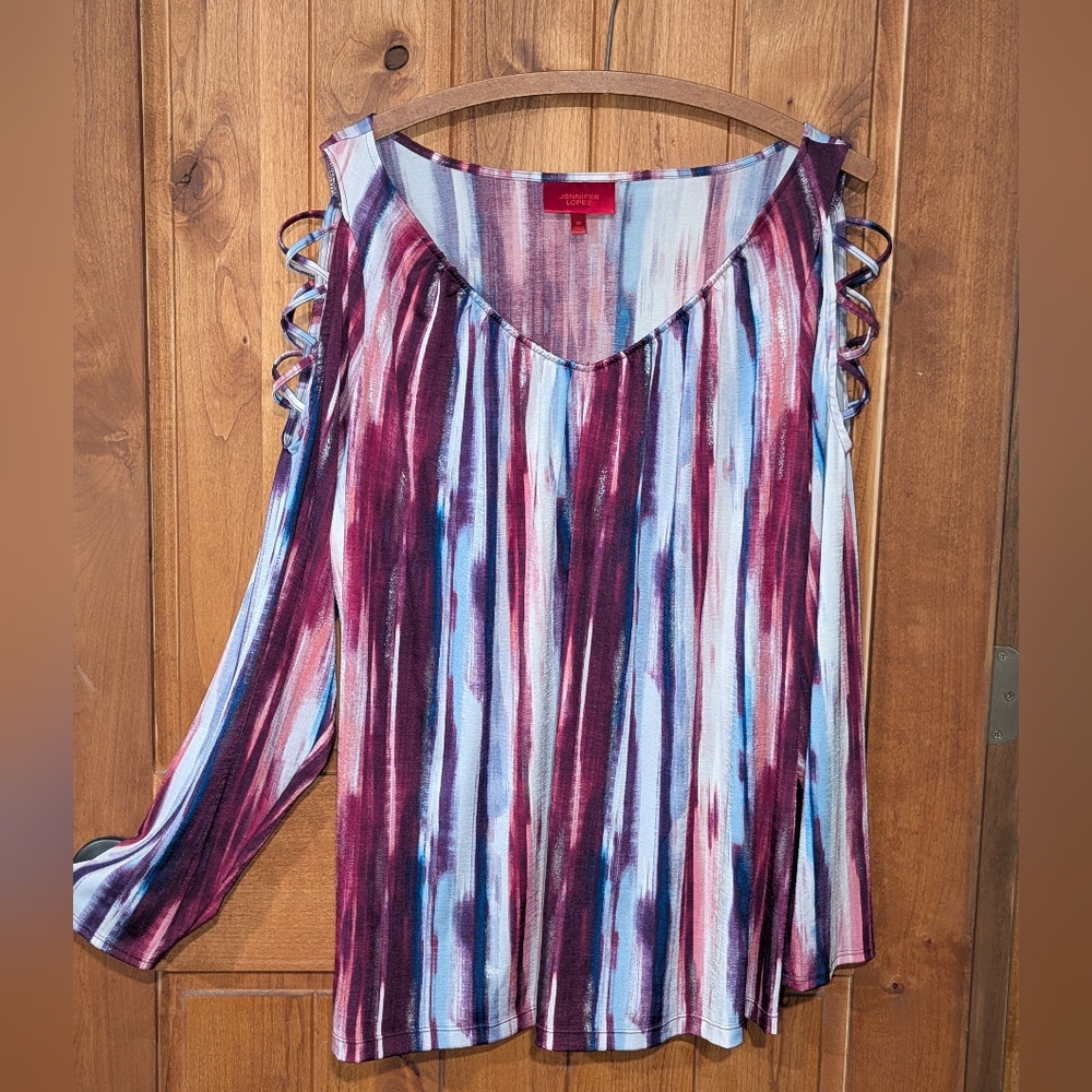 Jennifer Lopez Burgundy, Blue & Metallic Silver Striped‎ Blouse